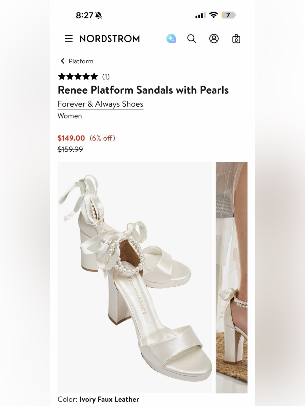 Nordstrom Forever & Always Ivory
Renee Bridal Shoe - size 37 EU, 6 US